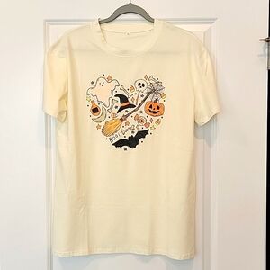 Halloween Women's Size XL Ivory Graphic  TEE Ghost Witch Bats & Pumpkins NEW